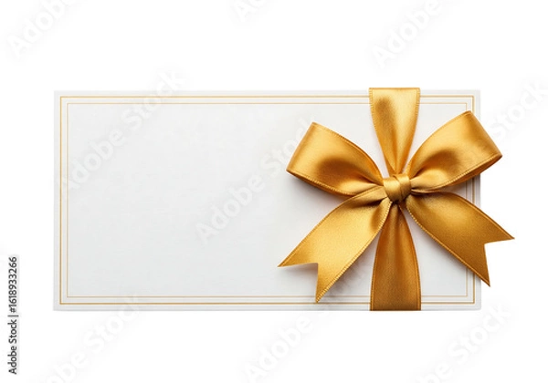 Fototapeta Blank gift card or invitation envelope with a golden satin ribbon bow. Isolated on transparent background, png