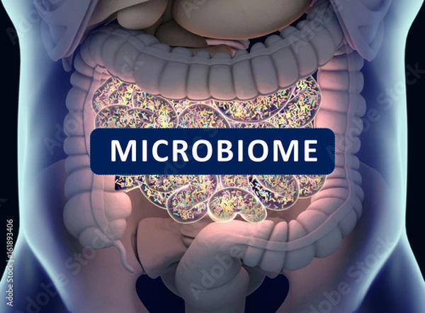 Fototapeta Gut bacteria , gut flora, microbiome. Bacteria inside the small intestine, concept, representation. 3D illustration.