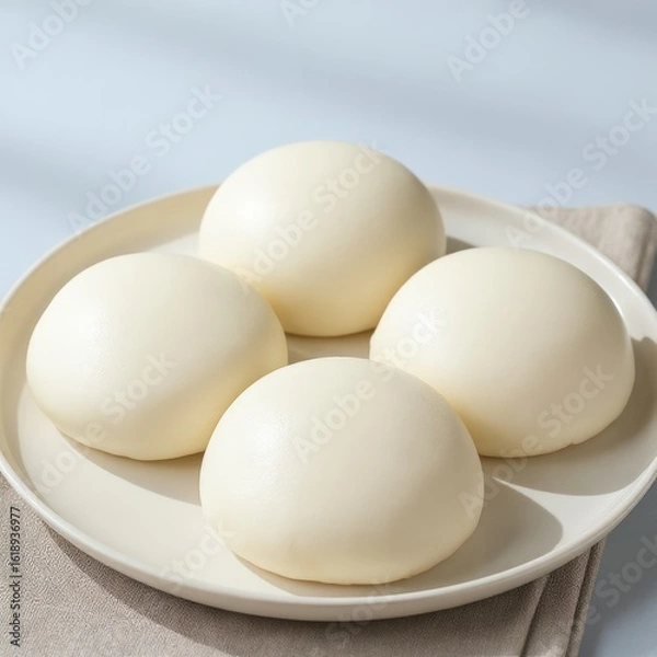 Obraz Four fluffy, plain steamed buns (mantou) are presented on a white plate with a subtle clean background and napkin, ready to be enjoyed