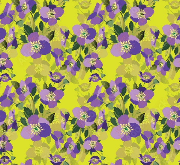 Obraz Vector purple sakura cherry blossoms seamless pattern texture green background.
