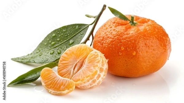 Obraz Peeled Clementine and Whole Fruit with Leaves mandarin
