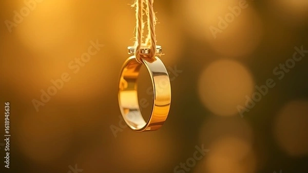 Obraz Golden wedding rings hanging gracefully, symbolizing love and commitment with a soft background.