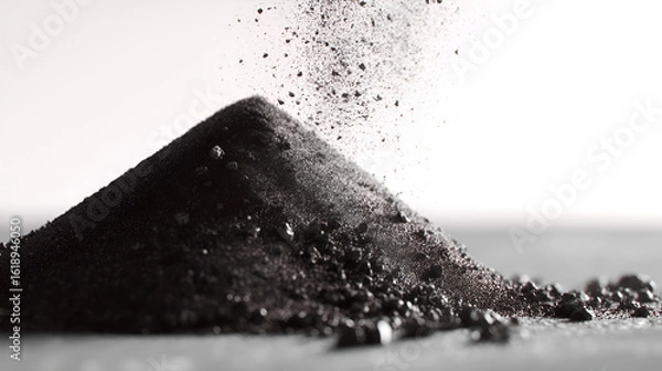 Fototapeta Detailed shot of a pile of fine, dark powder with particles falling on top, against a bright white background