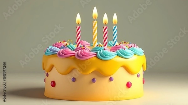 Obraz Colorful 3D birthday cake with festive frosting and candles, rendered in isometric studio lighting.