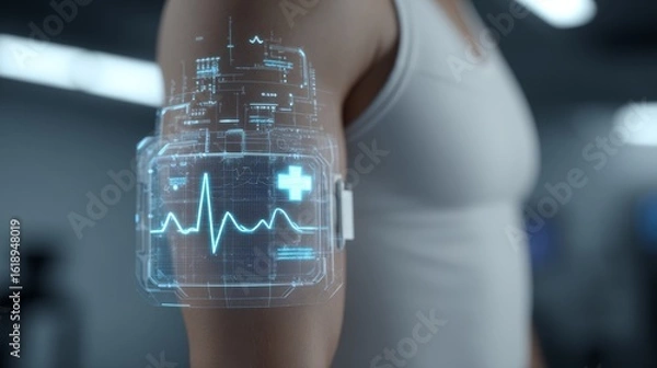 Fototapeta A futuristic wearable health monitor displays vital signs on a person's arm, integrating technology with personal wellness.