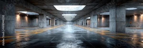 Obraz Large empty underground parking garage with concrete pillars and wet floor