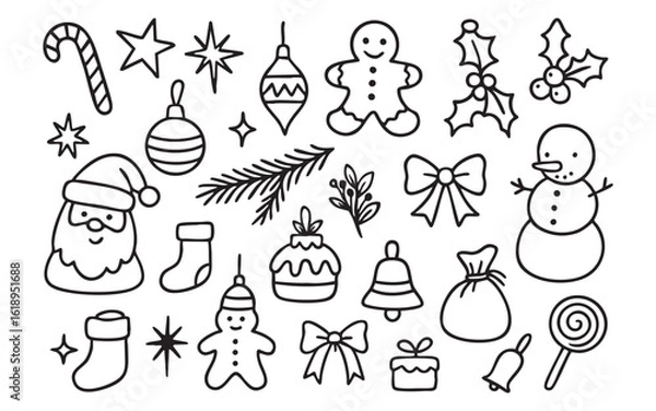 Obraz Xmas icons featuring Santa, snowman and holly mix with gingerbread, candy and bell doodles. This festive sketch set fits holiday, winter or celebration projects. Great for kids or seasonal crafts.
