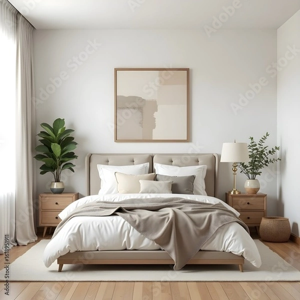 Fototapeta bed, room, bedroom, hotel, interior, home, furniture, luxury, house, lamp, design, apartment, pillow, comfortable, window, light, wall, bedding, decor, nobody, indoors, architecture, double, table, de