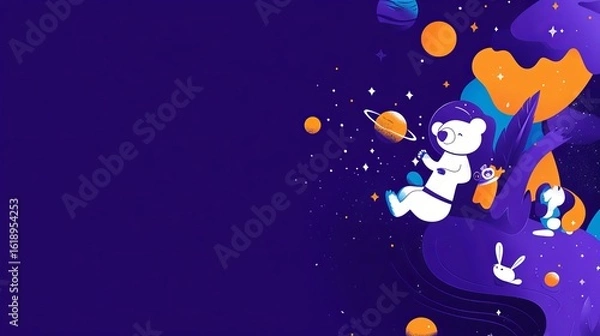 Fototapeta Adorable creatures float through the cosmos, with cuddly astronauts clad in space suits soaring through the galaxy in a rocket ship, discovering the wonders of the universe