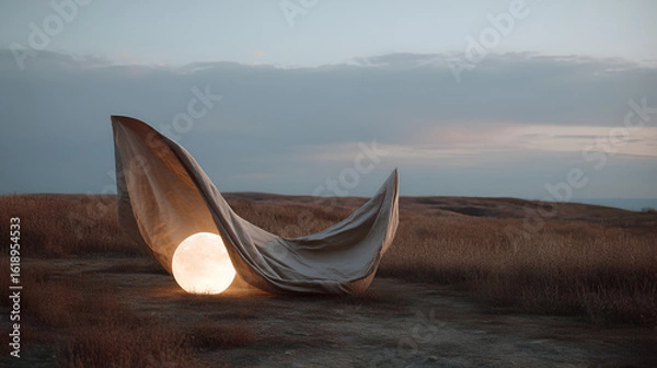 Fototapeta Glowing sphere under draped fabric in a field, creating a magical and serene atmosphere. Dusk lighting.