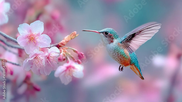 Fototapeta Capture the magic of nature with a vibrant hummingbird feeding on beautiful cherry blossoms in spring