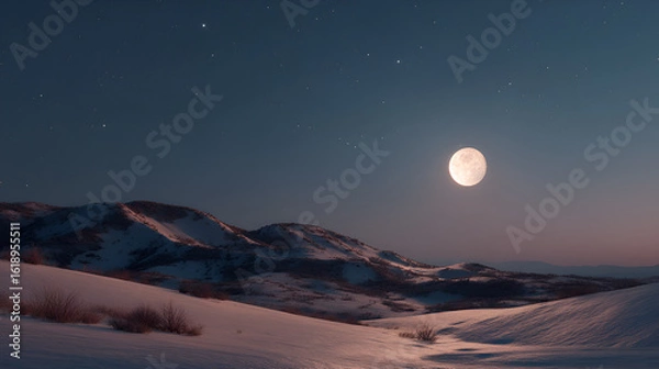 Fototapeta Full moon over a serene snow-covered landscape under a starry sky. Illuminated beauty in winter.