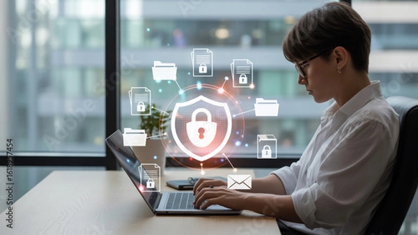 Fototapeta Data Protection Strategy A Businesswoman Safeguarding Sensitive Information with Advanced Cybersecurity Measures and Encryption Protocols in a Modern Office