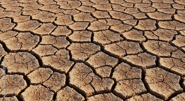 Fototapeta Parched and cracked soil texture on the floor of a dry lake bed, a powerful symbol of extreme drought and global warming.