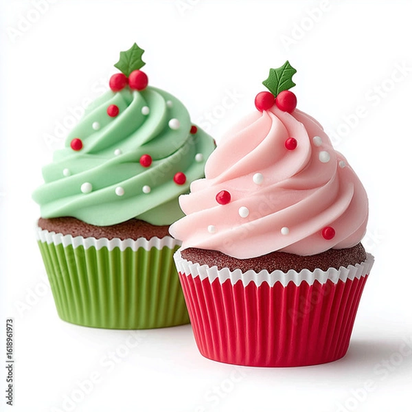 Fototapeta Christmas cupcakes with red and green frosting,