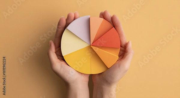 Fototapeta Colorful pie chart held in hands showing data analysis and business growth potential on soft pastel backdrop
