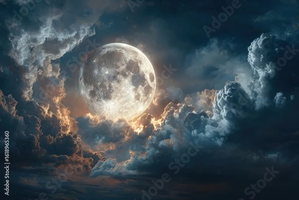 Fototapeta Glowing full Moon shines through storm clouds during the nighttime in the dark sky, illuminating the ground below