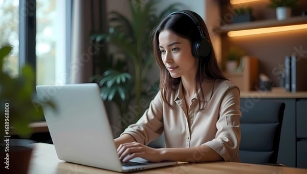Obraz Young professional woman working remotely, young woman working on laptop .