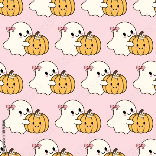 Obraz Cute Ghost Hugging Pumpkin vector illustration. Halloween theme. seamless pattern. pink background.