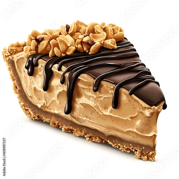 Fototapeta Decadent Peanut Butter Pie Slice with Chocolate Drizzle and Crushed Peanuts