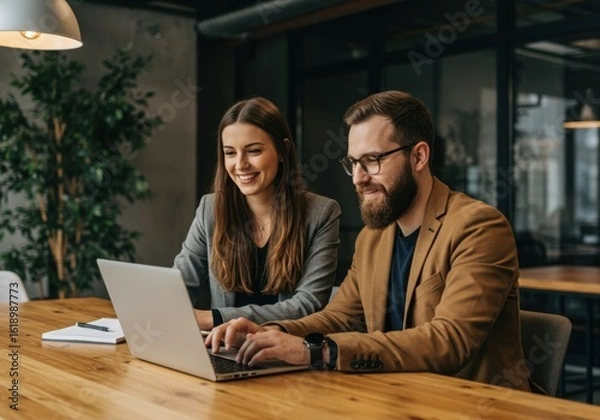 Fototapeta Focused business professionals collaborating on a laptop project at a modern office workspace table