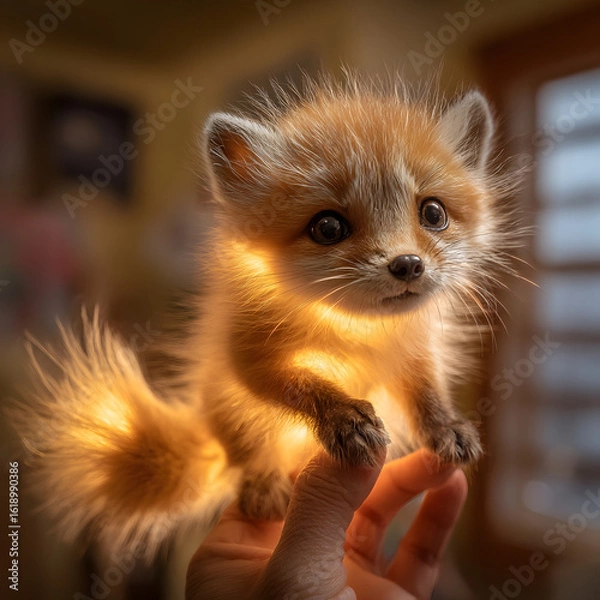 Fototapeta An adorable fantasy art piece of a tiny, glowing fox cub with fluffy fur and bright eyes.
