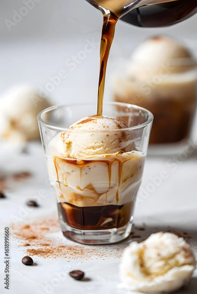 Fototapeta Preparing a classic Italian affogato dessert by pouring hot espresso over vanilla ice cream.