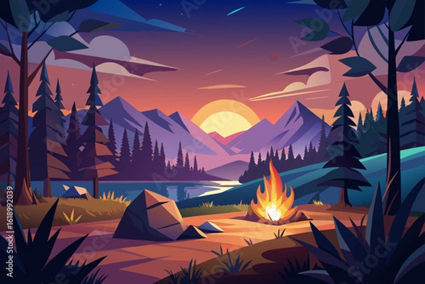 Fototapeta Sunset View Of A Meadow With A Campfire