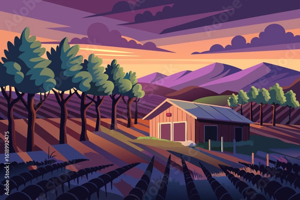 Obraz Twilight View Of A Vineyard With A Abandoned Shack
