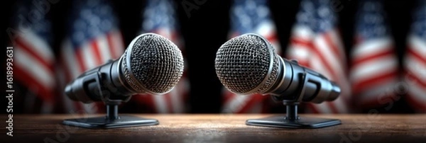 Fototapeta Two microphones placed on a wooden table before a backdrop of American flags for a political debate at a civic center