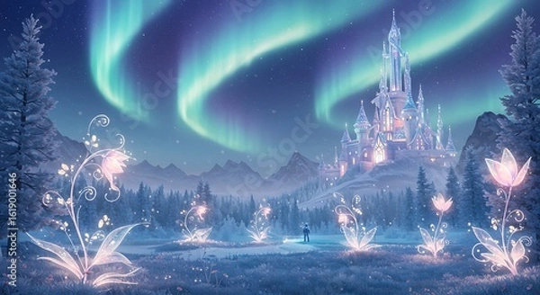 Fototapeta Castle View with Northern Lights Over Snowy Field at Night