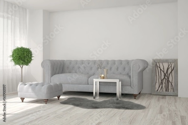 Fototapeta White modern room with sofa. Scandinavian interior design. 3D illustration