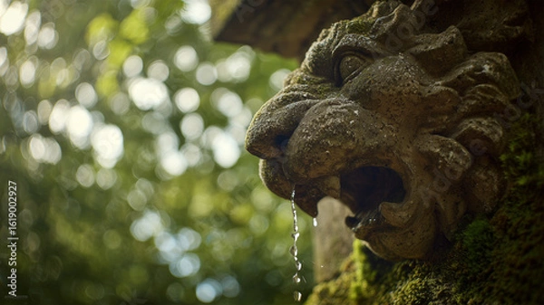Obraz 水道の石製噴水蛇口から滴る水滴と緑の風景