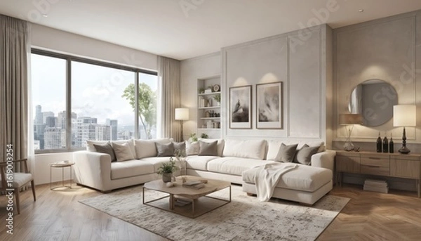 Fototapeta Modern living room with large sectional sofa, floor-to-ceiling window offering city views. Neutral palette, contemporary furniture, tasteful decor create serene, stylish atmosphere. Includes coffee