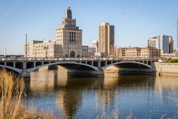 Obraz Cedar River and bridges in Cedar Rapids, Iowa with Veterans Memorial Building, USA