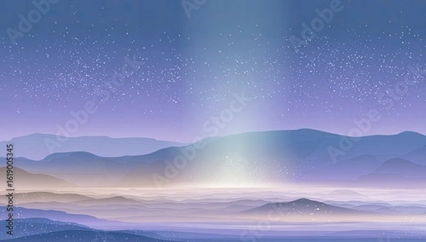Fototapeta Mystical light beam over misty mountains at night, background stars, for fantasy or spiritual use