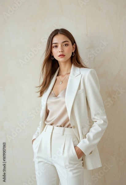 Fototapeta Model posing in white tailored blazer and silk blouse with modern elegant style Generative AI