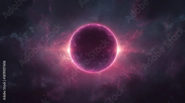 Fototapeta Pink planet cosmic nebula space background, science fiction art