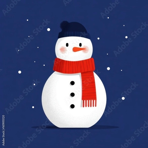 Fototapeta Snowman with red scarf and blue hat against a dark winter night background filled with snowflakes