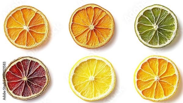 Fototapeta Set of dried citrus fruits isolated on a transparent background, top view.	