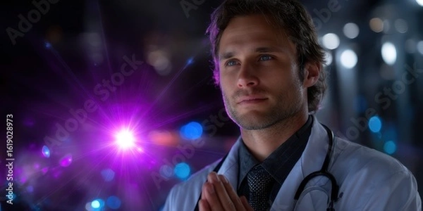 Fototapeta Medical professional in a lab focused on a bright light source during advanced research or experimentation