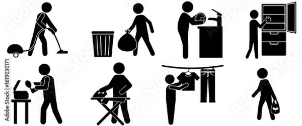 Obraz 家庭の家事を行う人物のピクトグラムセット