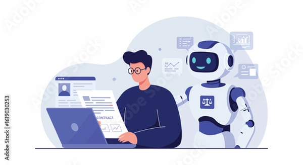 Fototapeta Ai collaboration in the workplace: man and robot analyzing data with digital tools