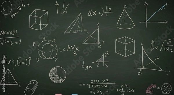 Fototapeta Mathematical formulas and geometric shapes hand-drawn on a classroom blackboard. A concept of science and education.