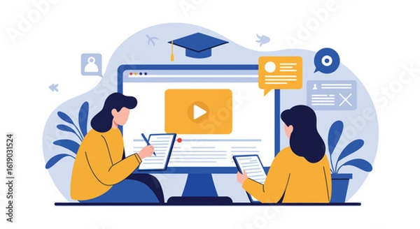 Fototapeta Online learning concept with people using digital devices for education