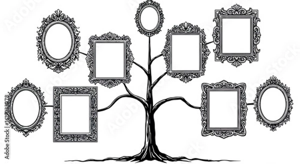 Fototapeta Decorative family tree with intricate frames for ancestry projects
