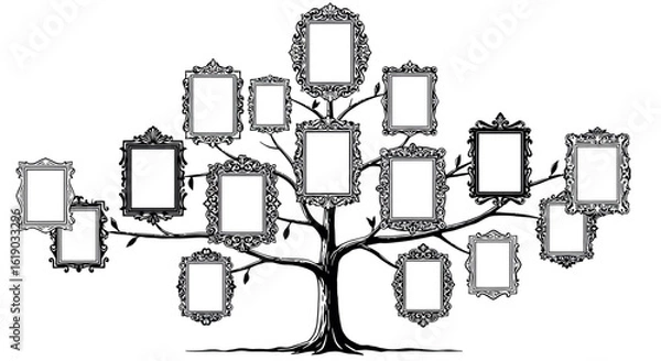 Fototapeta Elegant family tree with ornate frames in monochrome design