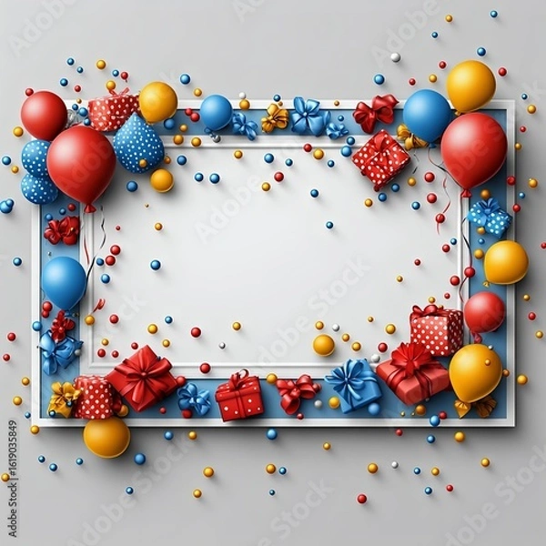 Obraz A festive frame decorated with colorful balloons, gifts, and confetti for celebrations like birthdays or parties, perfect for custom invitations.