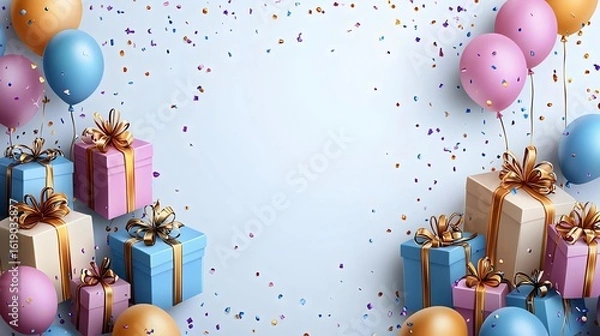 Fototapeta Colorful birthday scene with festive balloons and beautifully wrapped gifts, perfect for celebrations, parties, and invitations.