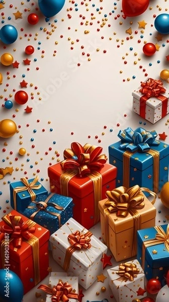 Obraz Colorful gift boxes with ribbons and balloons create a festive atmosphere perfect for celebrations, birthdays, or holidays. Bright and cheerful imagery.